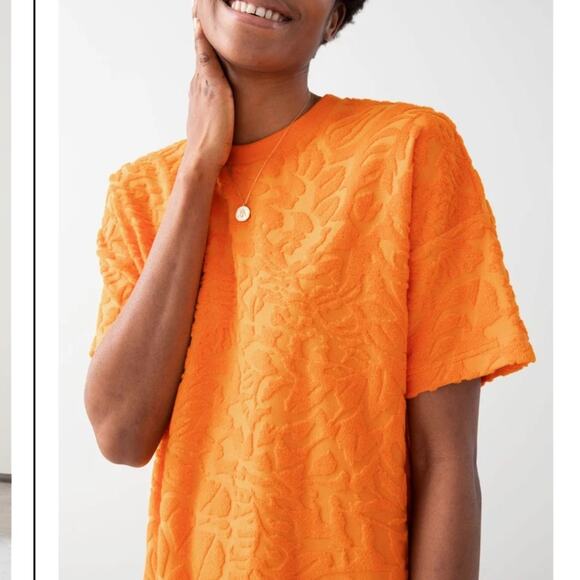 & Other Stories Orange Terry Leaf Print T Shirt Dress Size 0 NWOT - Picture 2 of 12